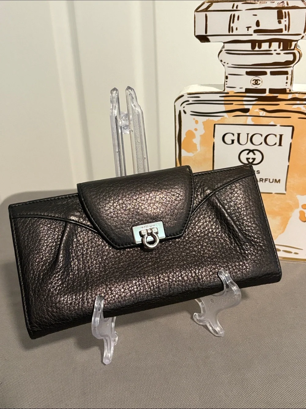 Salvatore Ferragamo Black Leather Continental Wallet with Silver Tone Hardware